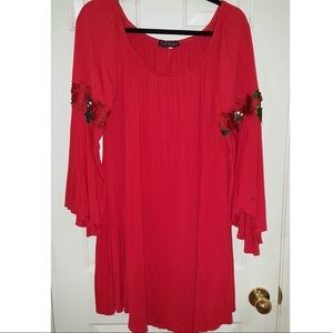 Red Swing Dress with Floral Design and Flare Arms